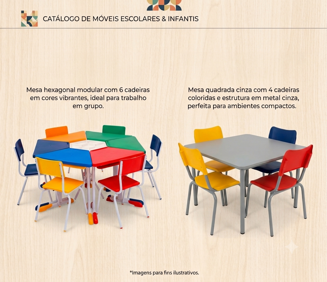 Cadeiras e mesas escolares fabricadas pela Capixaba Office